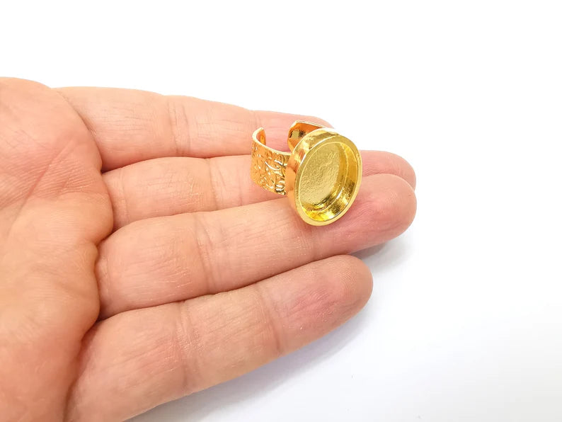 Shiny Gold Ring Setting, Cabochon Blank, Resin Bezel, Oval Ring Mounting, Epoxy Frame Base, Adjustable Antique Gold Plated 18x13mm G35178