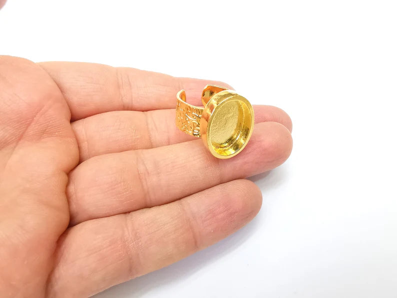 Shiny Gold Ring Setting, Cabochon Blank, Resin Bezel, Oval Ring Mounting, Epoxy Frame Base, Adjustable Antique Gold Plated 18x13mm G35178