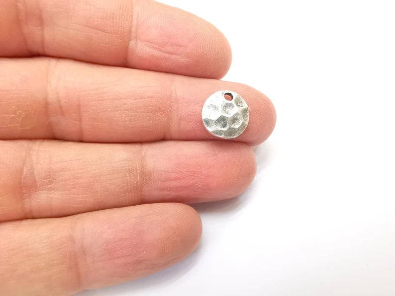 10 Silver Hammered Charms, Boho Charms, Dangle Charms, Earring Charms, Silver Pendant, Necklace Parts, Antique Silver Plated (11mm) G35182