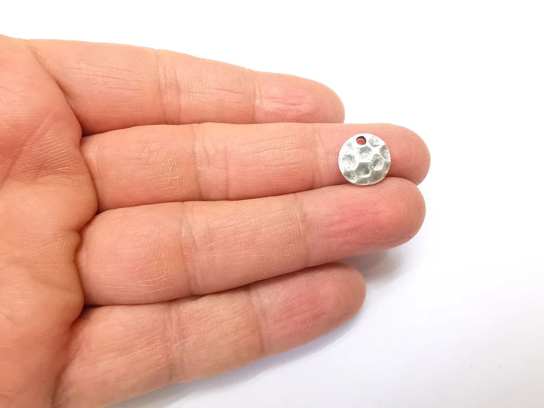 10 Silver Hammered Charms, Boho Charms, Dangle Charms, Earring Charms, Silver Pendant, Necklace Parts, Antique Silver Plated (11mm) G35182