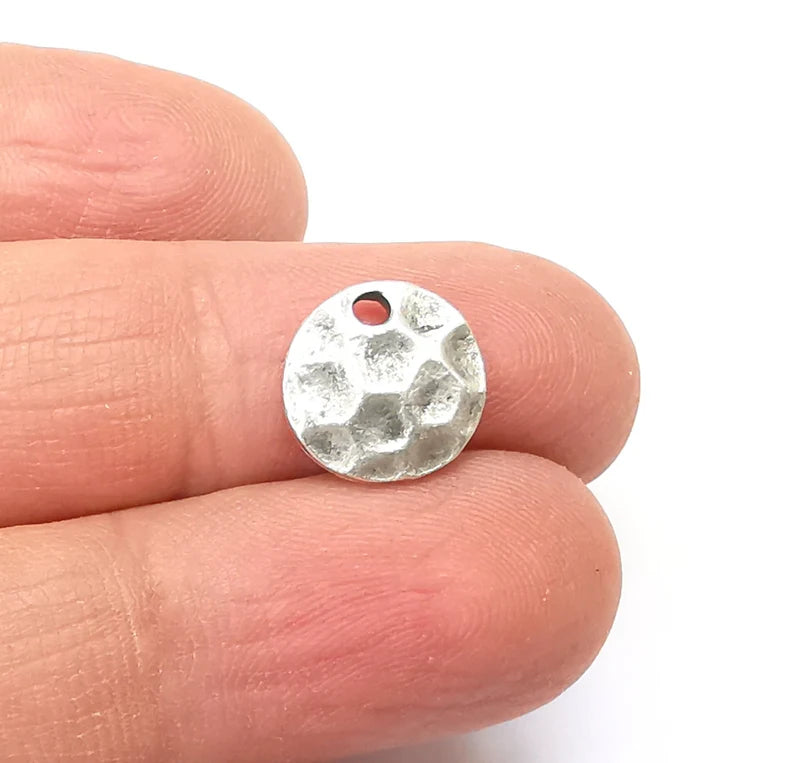 10 Silver Hammered Charms, Boho Charms, Dangle Charms, Earring Charms, Silver Pendant, Necklace Parts, Antique Silver Plated (11mm) G35182