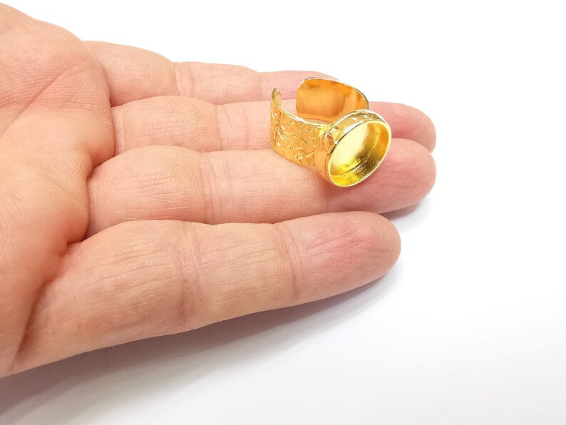 Shiny Gold Ring Setting, Cabochon Blank, Resin Bezel, Round Ring Mounting, Epoxy Frame Base, Adjustable Antique Gold Plated 14mm G35183