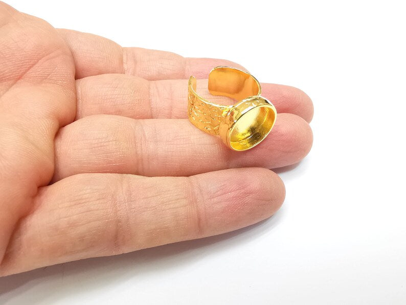 Shiny Gold Ring Setting, Cabochon Blank, Resin Bezel, Round Ring Mounting, Epoxy Frame Base, Adjustable Antique Gold Plated 14mm G35183