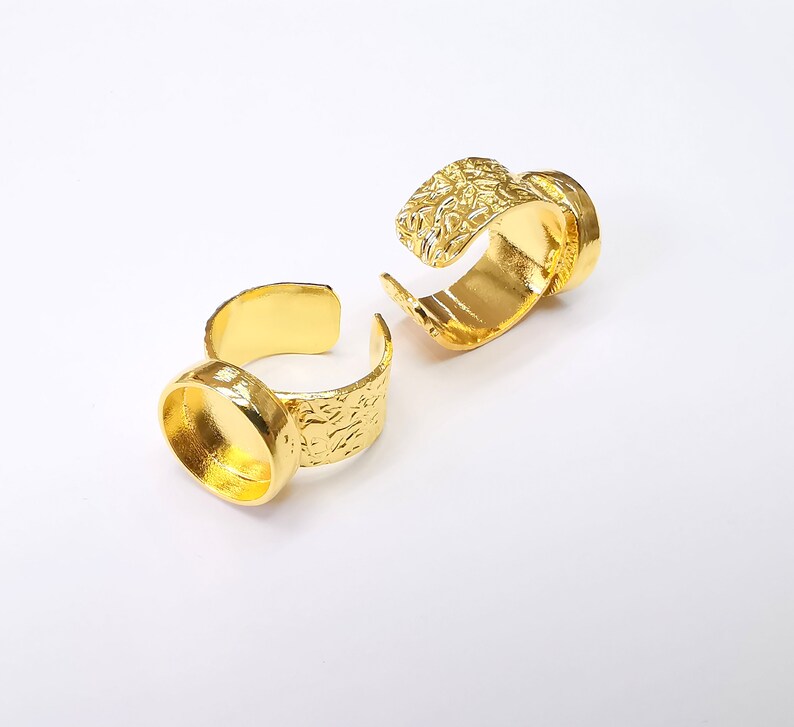 Shiny Gold Ring Setting, Cabochon Blank, Resin Bezel, Round Ring Mounting, Epoxy Frame Base, Adjustable Antique Gold Plated 14mm G35183