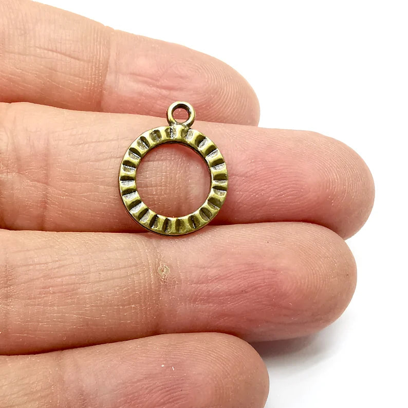 10 Ribbed Hoop Charms, Bronze Disc Charms, Earring Charms, Bronze Pendant, Necklace Pendant, Antique Bronze Plated Metal 19x15mm G35190