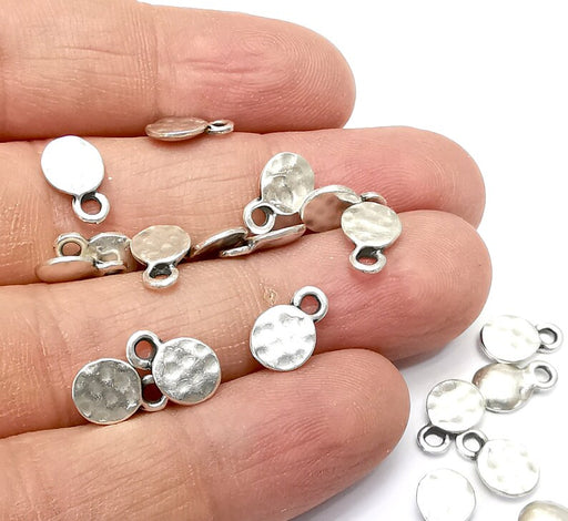 10 Hammered Disc Charms, Round Charms, Dangle Earring Charms, Chain Bracelet Component, Necklace Parts, Antique Silver Plated 11x7mm G35191