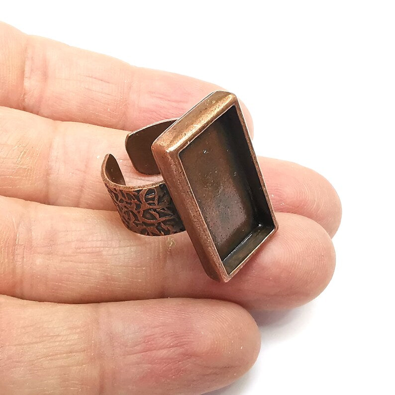 Copper Ring Setting, Cabochon Blank, Resin Bezel, Rectangle Ring Mounting, Epoxy Frame Base, Adjustable Antique Copper Plated 25x12mm G35192