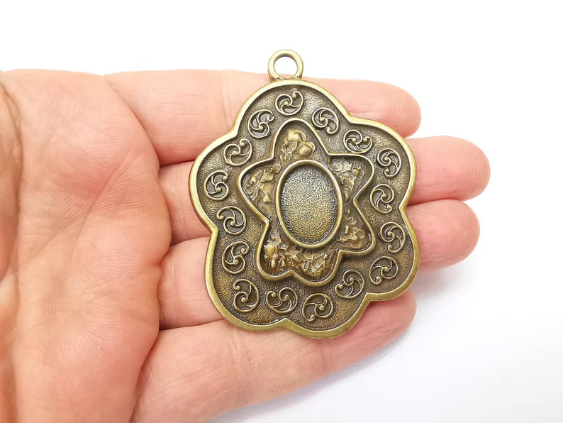 Large Flower Pendant , Ethnic Pendant, Rustic Pendant, Earring Pendant, Bronze Pendant, Necklace Parts, Antique Bronze Plated 68x53mm G35387