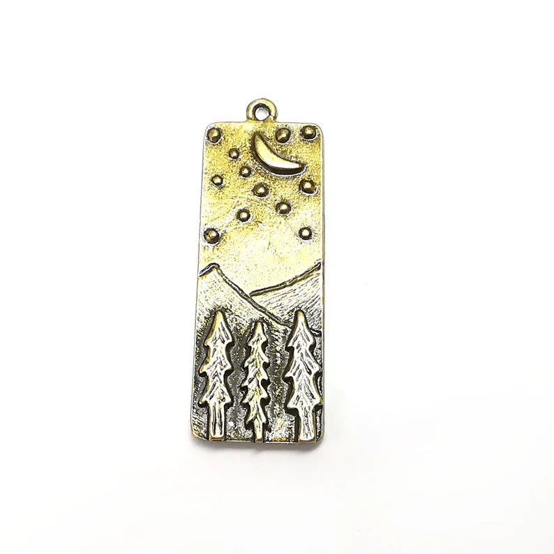 Landscape Charms, Moon and Star, Night Sky, Tree Mountain Charms, Forest Pendant, Earring Charms, Antique Bronze Plated (43x14mm) G35196