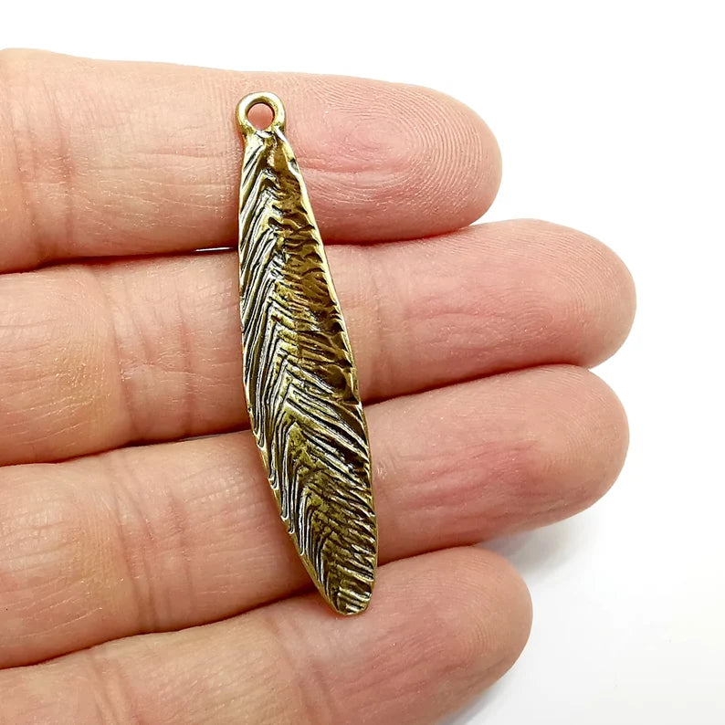Feather Charms, Boho Charms, Leaf Charms, Dangle Earring Charms, Bronze Pendant, Necklace Parts, Antique Bronze Plated 51x10mm G35198