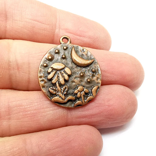 Copper Flowers Charms, Baroque Charms, Crescent Earring Charms, Copper Rustic Pendant, Necklace Parts, Antique Copper Plated 28x24mm G35400