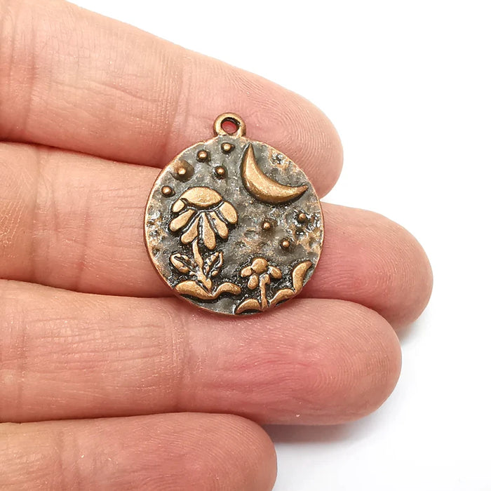 Copper Flowers Charms, Baroque Charms, Crescent Earring Charms, Copper Rustic Pendant, Necklace Parts, Antique Copper Plated 28x24mm G35400