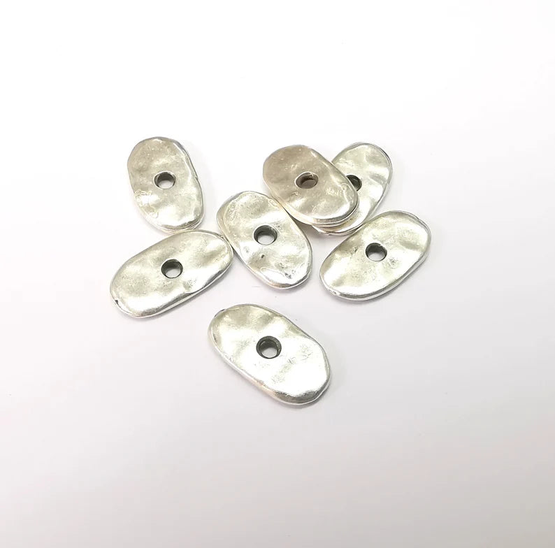 5 Organic Textured Connector, Oval Jewelry Parts, Silver Bracelet Component, Antique Silver Plated Metal Findings (16x8mm) G35205