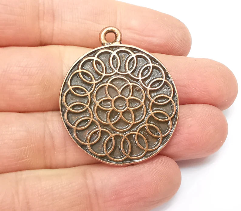 Copper Mandala Charms, Medallion Charms, Locket Pendant, Earring Charms, Boho Charms, Round Charms, Antique Copper Plated (39x33mm) G35212