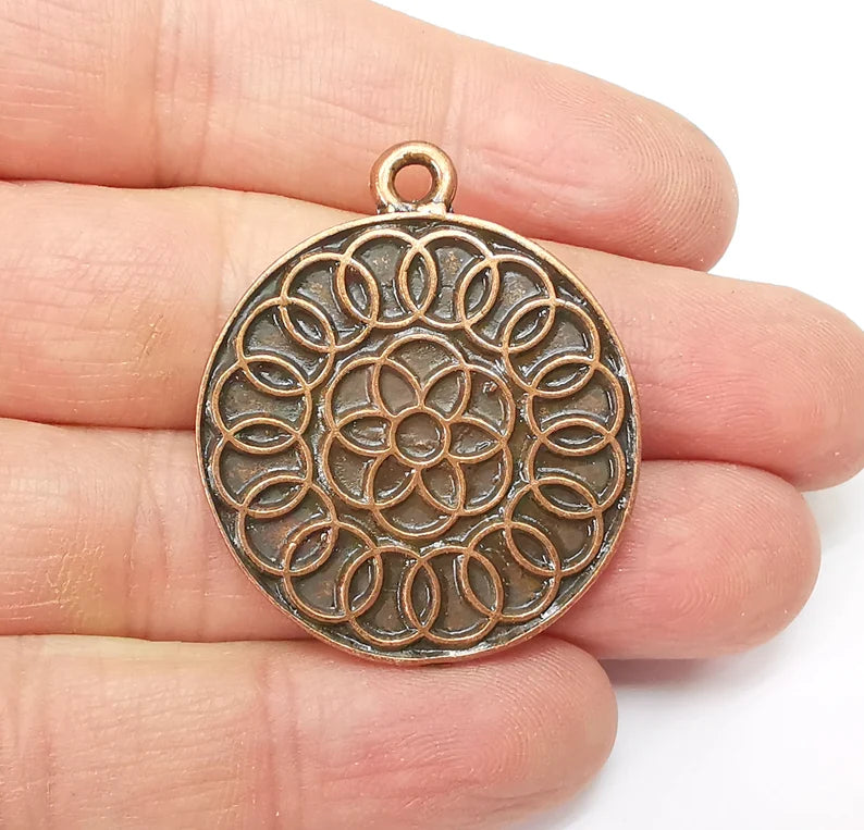 Copper Mandala Charms, Medallion Charms, Locket Pendant, Earring Charms, Boho Charms, Round Charms, Antique Copper Plated (39x33mm) G35212