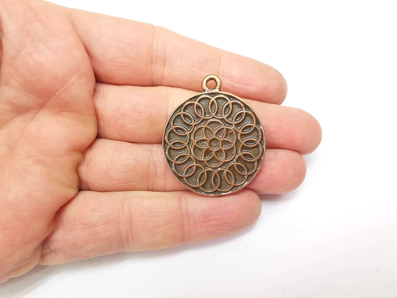 Copper Mandala Charms, Medallion Charms, Locket Pendant, Earring Charms, Boho Charms, Round Charms, Antique Copper Plated (39x33mm) G35212
