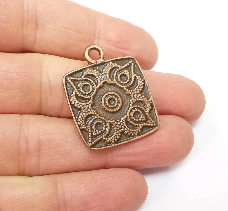 Copper Mandala Charms, Medallion Charms, Locket Pendant, Earring Charms, Boho Charms, Antique Copper Plated (32x25mm) G35216