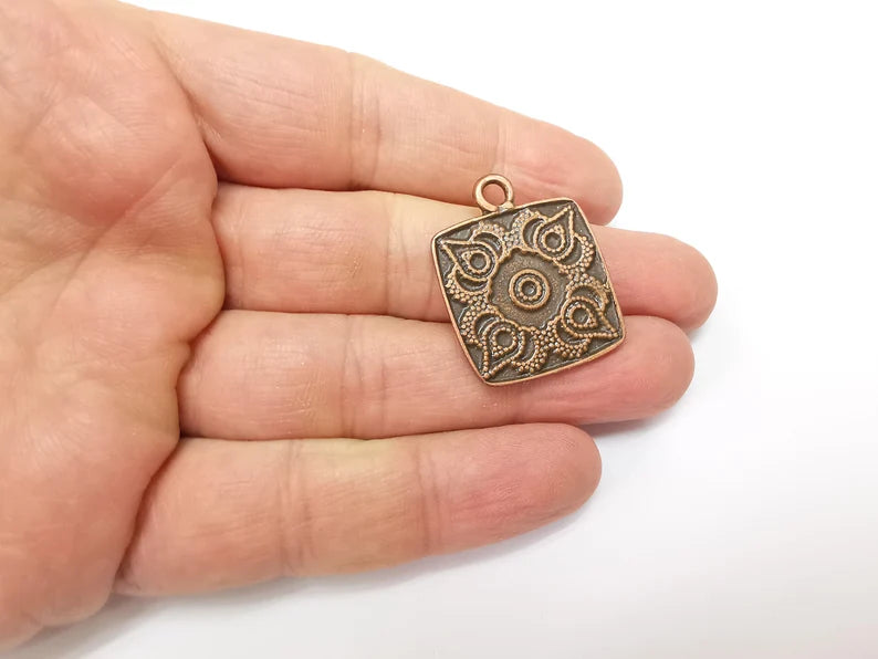 Copper Mandala Charms, Medallion Charms, Locket Pendant, Earring Charms, Boho Charms, Antique Copper Plated (32x25mm) G35216