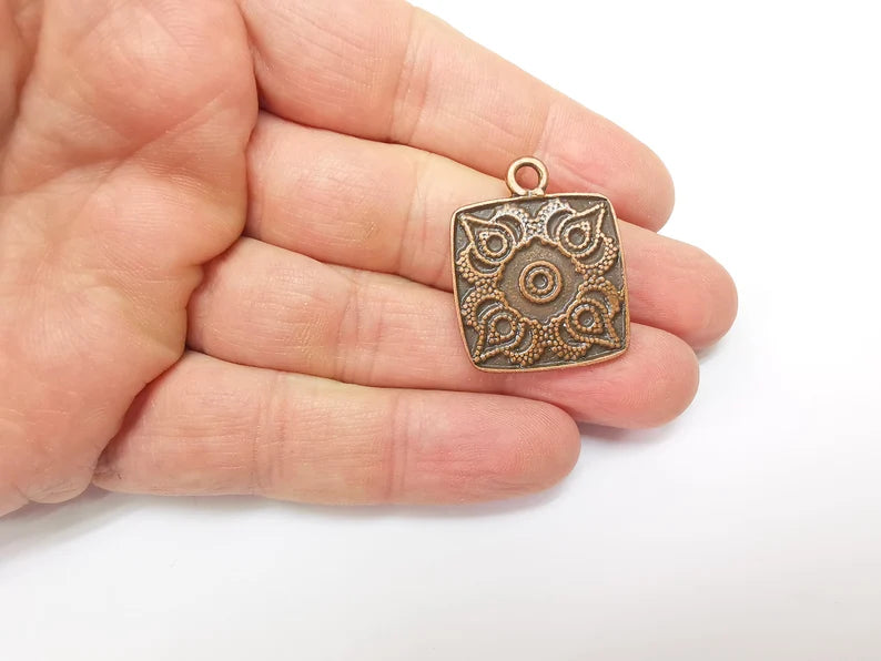 Copper Mandala Charms, Medallion Charms, Locket Pendant, Earring Charms, Boho Charms, Antique Copper Plated (32x25mm) G35216
