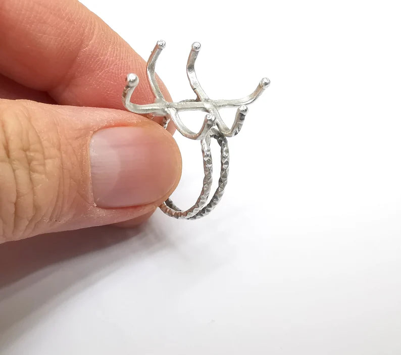 Silver Claw Ring Setting, Cabochon Blank, Resin Bezel, Oval Mounting, Claw Frame Base, Adjustable Antique Silver Plated Brass 25x18mm G35218