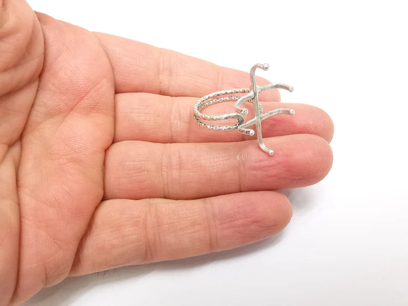 Silver Claw Ring Setting, Cabochon Blank, Resin Bezel, Oval Mounting, Claw Frame Base, Adjustable Antique Silver Plated Brass 25x18mm G35218