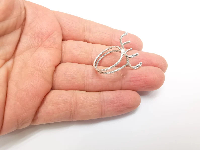 Silver Claw Ring Setting, Cabochon Blank, Resin Bezel, Oval Mounting, Claw Frame Base, Adjustable Antique Silver Plated Brass 25x18mm G35218