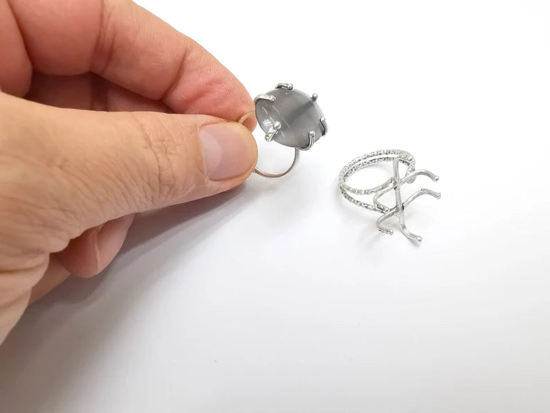 Silver Claw Ring Setting, Cabochon Blank, Resin Bezel, Oval Mounting, Claw Frame Base, Adjustable Antique Silver Plated Brass 25x18mm G35218