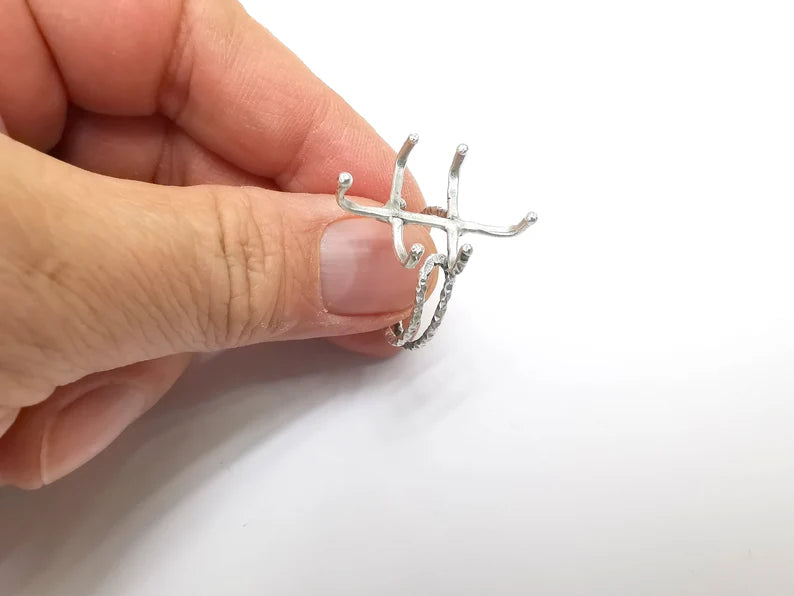 Silver Claw Ring Setting, Cabochon Blank, Resin Bezel, Oval Mounting, Claw Frame Base, Adjustable Antique Silver Plated Brass 25x18mm G35218