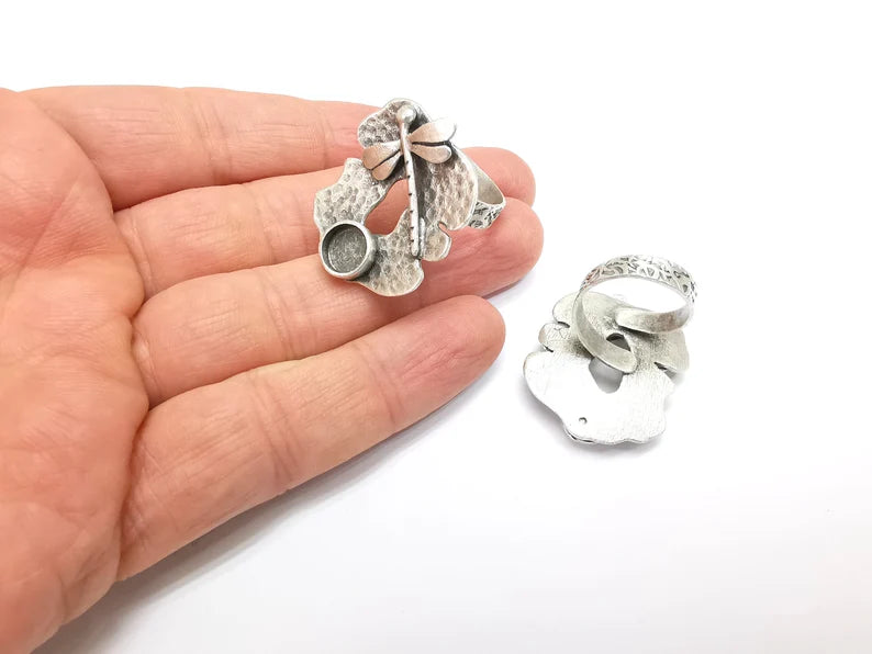 Dragonfly Ring Setting, Cabochon Blank, Resin Bezel, Round Ring Mounting, Epoxy Frame, Adjustable Antique Silver Plated Brass 8mm G35220