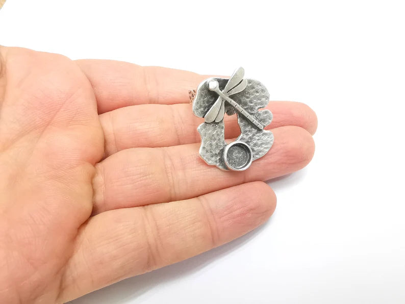Dragonfly Ring Setting, Cabochon Blank, Resin Bezel, Round Ring Mounting, Epoxy Frame, Adjustable Antique Silver Plated Brass 8mm G35220