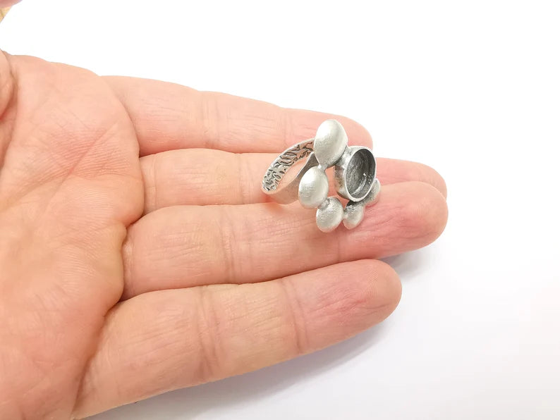 Silver Ring Setting, Cabochon Blank, Resin Bezel, Round Ring Mounting, Epoxy Frame Base, Adjustable Antique Silver Plated Brass 10mm G35221