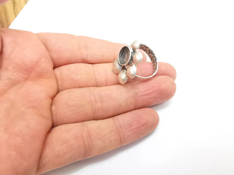 Silver Ring Setting, Cabochon Blank, Resin Bezel, Round Ring Mounting, Epoxy Frame Base, Adjustable Antique Silver Plated Brass 10mm G35221