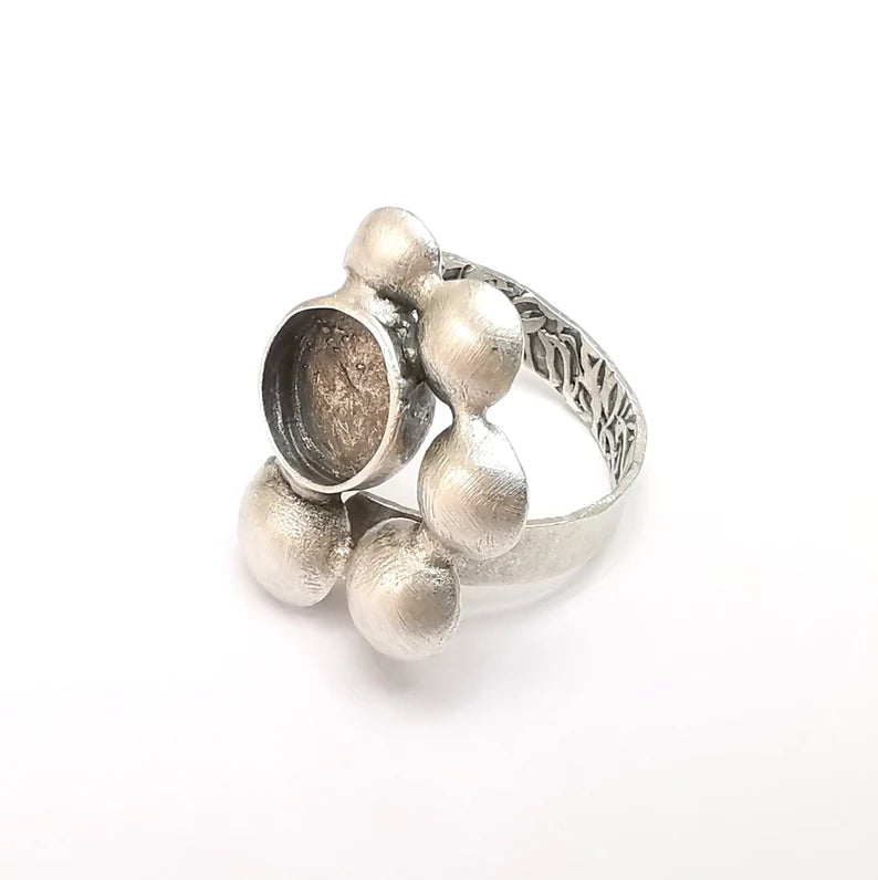 Silver Ring Setting, Cabochon Blank, Resin Bezel, Round Ring Mounting, Epoxy Frame Base, Adjustable Antique Silver Plated Brass 10mm G35221