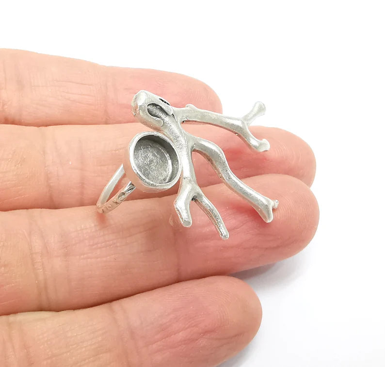 Tree Branch Ring Setting, Cabochon Blank, Resin Bezel, Round Ring Mounting, Epoxy Frame, Adjustable Antique Silver Plated Brass 8mm G35222
