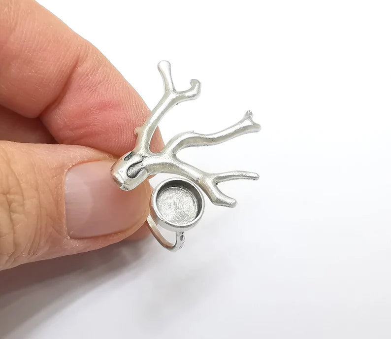 Tree Branch Ring Setting, Cabochon Blank, Resin Bezel, Round Ring Mounting, Epoxy Frame, Adjustable Antique Silver Plated Brass 8mm G35222