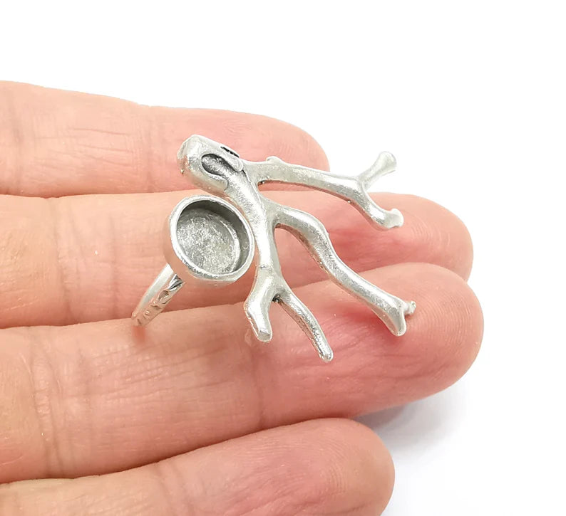 Tree Branch Ring Setting, Cabochon Blank, Resin Bezel, Round Ring Mounting, Epoxy Frame, Adjustable Antique Silver Plated Brass 8mm G35222