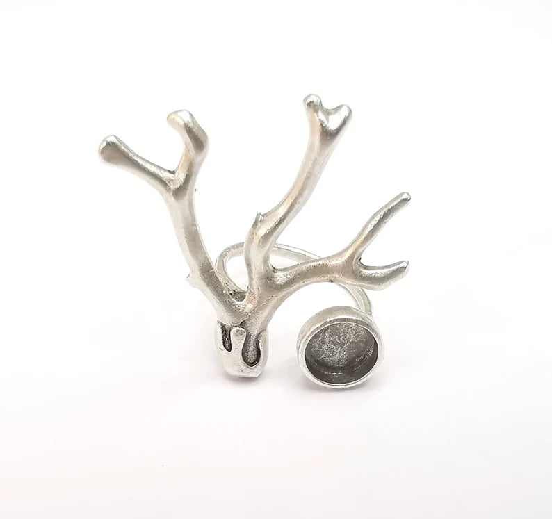 Tree Branch Ring Setting, Cabochon Blank, Resin Bezel, Round Ring Mounting, Epoxy Frame, Adjustable Antique Silver Plated Brass 8mm G35222