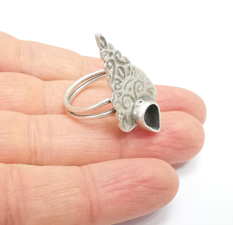 Silver Ring Setting, Cabochon Blank, Resin Bezel, Round Ring Mounting, Epoxy Frame, Adjustable Antique Silver Plated Brass 10x8mm G35229