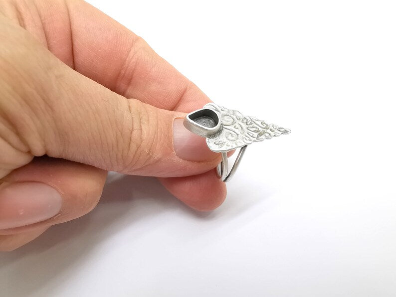 Silver Ring Setting, Cabochon Blank, Resin Bezel, Round Ring Mounting, Epoxy Frame, Adjustable Antique Silver Plated Brass 10x8mm G35229