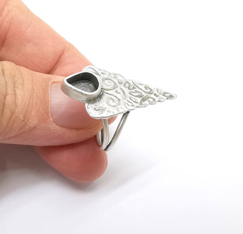 Silver Ring Setting, Cabochon Blank, Resin Bezel, Round Ring Mounting, Epoxy Frame, Adjustable Antique Silver Plated Brass 10x8mm G35229