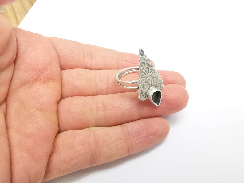 Silver Ring Setting, Cabochon Blank, Resin Bezel, Round Ring Mounting, Epoxy Frame, Adjustable Antique Silver Plated Brass 10x8mm G35229