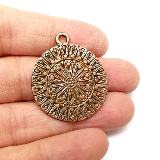 Copper Flower Charms, Medallion Charms, Locket Pendant, Earring Charms, Boho Charms, Round Charms, Antique Copper Plated (38x32mm) G35412