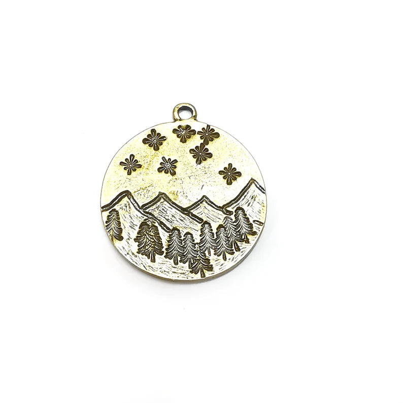 Landscape Charm, Winter Charm, Snowflake Charm, Tree Mountain Charm, Forest Pendant, Earring Charms, Antique Bronze Plated (29x26mm) G35233