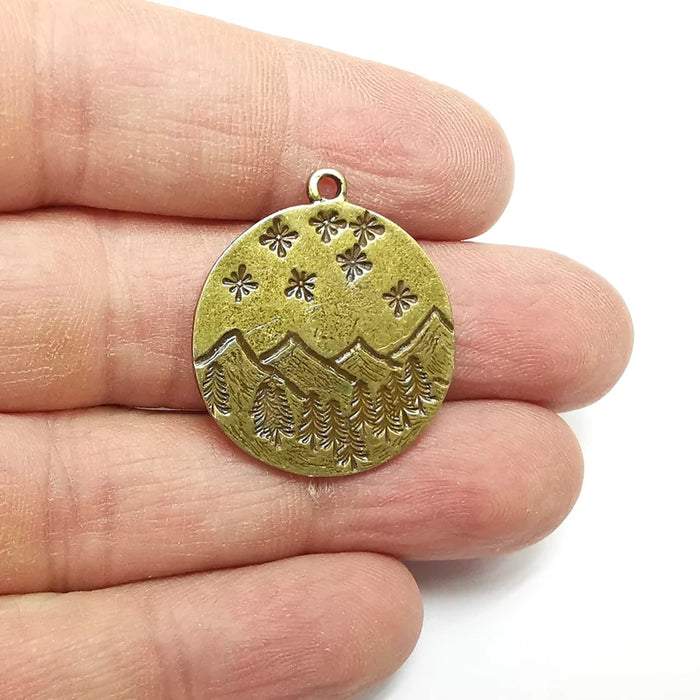 Landscape Charm, Winter Charm, Snowflake Charm, Tree Mountain Charm, Forest Pendant, Earring Charms, Antique Bronze Plated (29x26mm) G35233