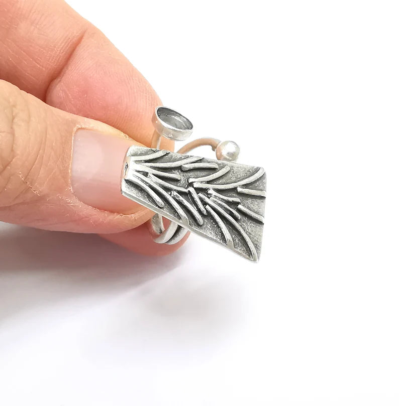 Pine Tree Branch Ring Setting, Cabochon Blank, Resin Bezel, Round Mounting, Epoxy Frame, Adjustable Antique Silver Plated Brass 6mm G35236