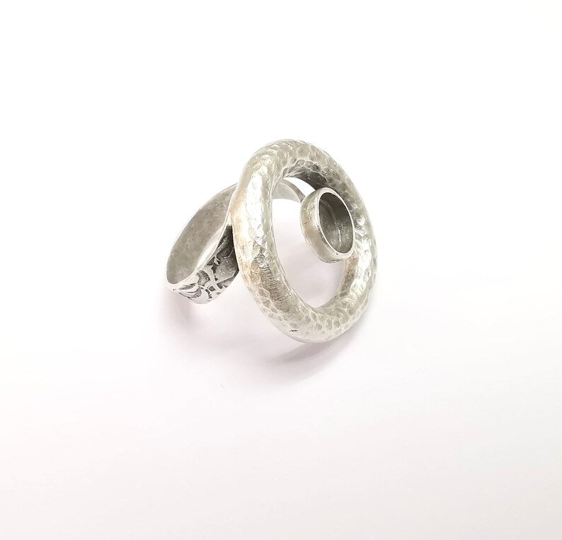 Circled Ring Setting, Cabochon Blank, Resin Bezel, Ring Mounting, Epoxy Frame, Adjustable Antique Silver Plated Brass 8mm G35237