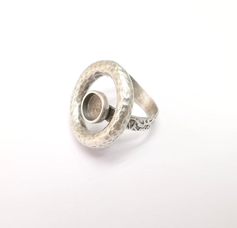 Circled Ring Setting, Cabochon Blank, Resin Bezel, Ring Mounting, Epoxy Frame, Adjustable Antique Silver Plated Brass 8mm G35237