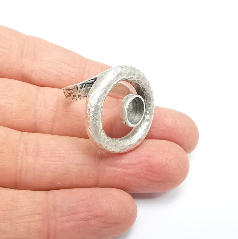 Circled Ring Setting, Cabochon Blank, Resin Bezel, Ring Mounting, Epoxy Frame, Adjustable Antique Silver Plated Brass 8mm G35237