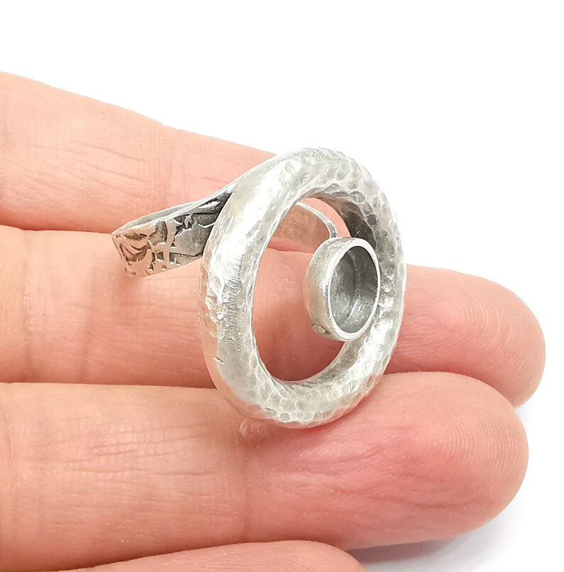 Circled Ring Setting, Cabochon Blank, Resin Bezel, Ring Mounting, Epoxy Frame, Adjustable Antique Silver Plated Brass 8mm G35237