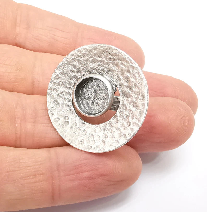 Hammered Circled Branch Ring Setting, Cabochon Blank, Resin Bezel Mounting, Epoxy Frame, Adjustable Antique Silver Plated Brass 10mm G35241